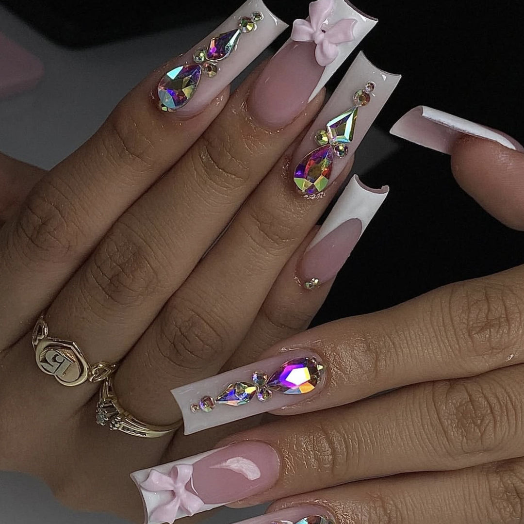 Elegant 3D Gem and Floral Acrylic Nail Art Extensions Bowlift
