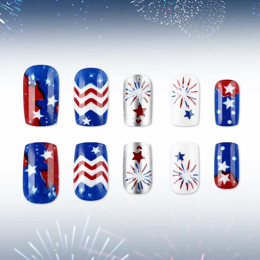 Women's nan patriotic acrylic press on nails set with coffin shape and firework star decals Bowlift