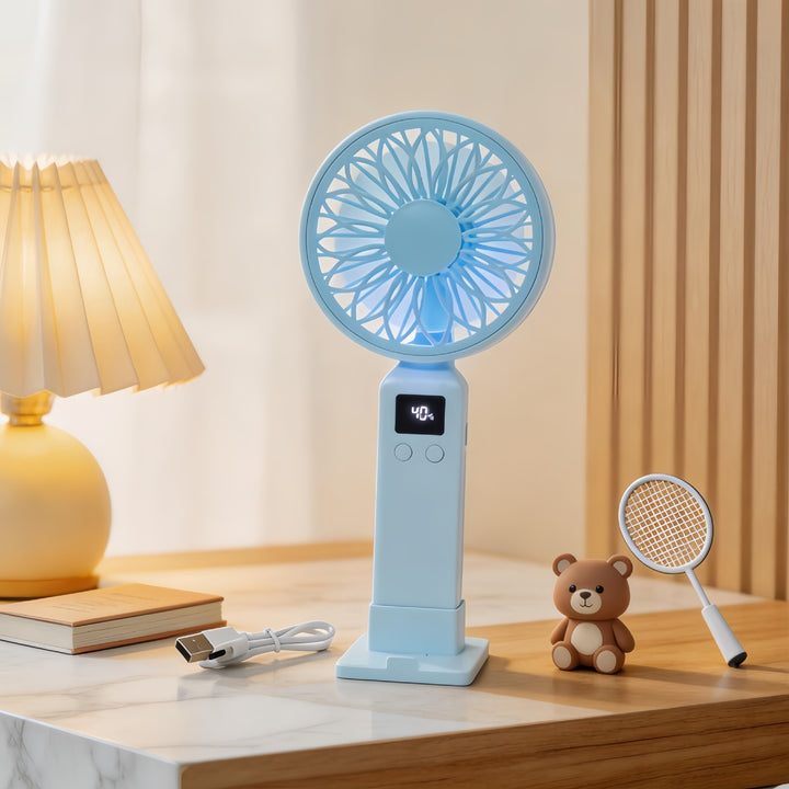 Portable hand-held fan with digital temperature display and multiple speed control Bowlift
