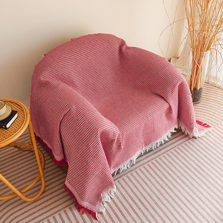 Waffle-Weave Fringed Throw Blanket Bowlift