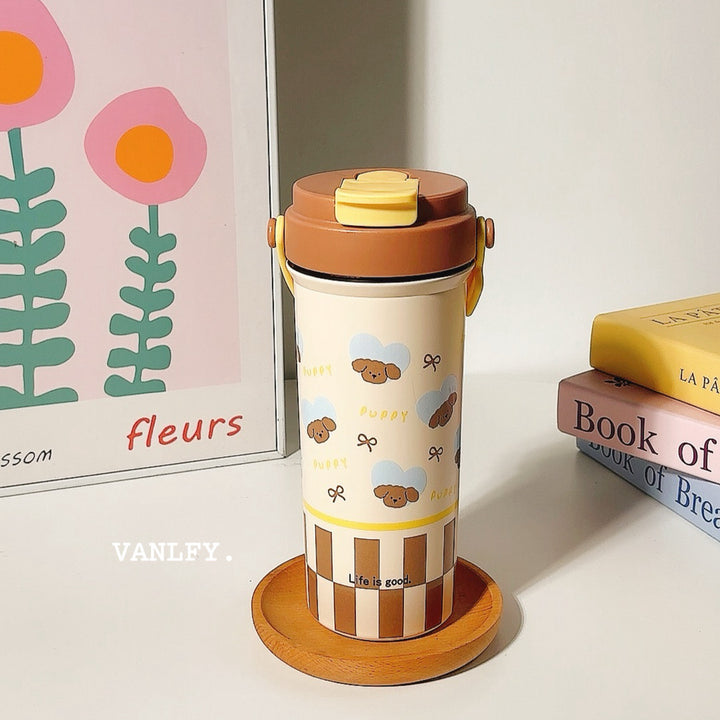Women's insulated drinking cup with secure flip lid and cute dog design Bowlift