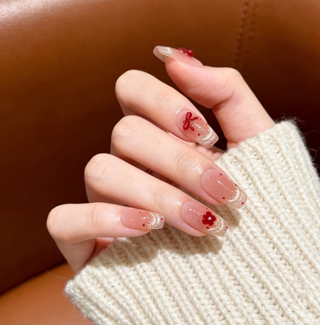 Decorative Press-On Nail Set with Floral and Bow Accents Bowlift