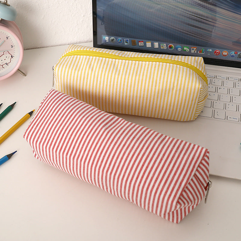 Striped Canvas Pencil Case and Stationery Organizer with Top Zipper Bowlift