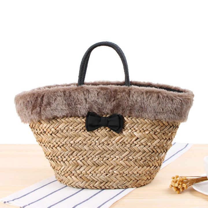 Basket bag with fluffy upper edge and decorative bow detail Bowlift