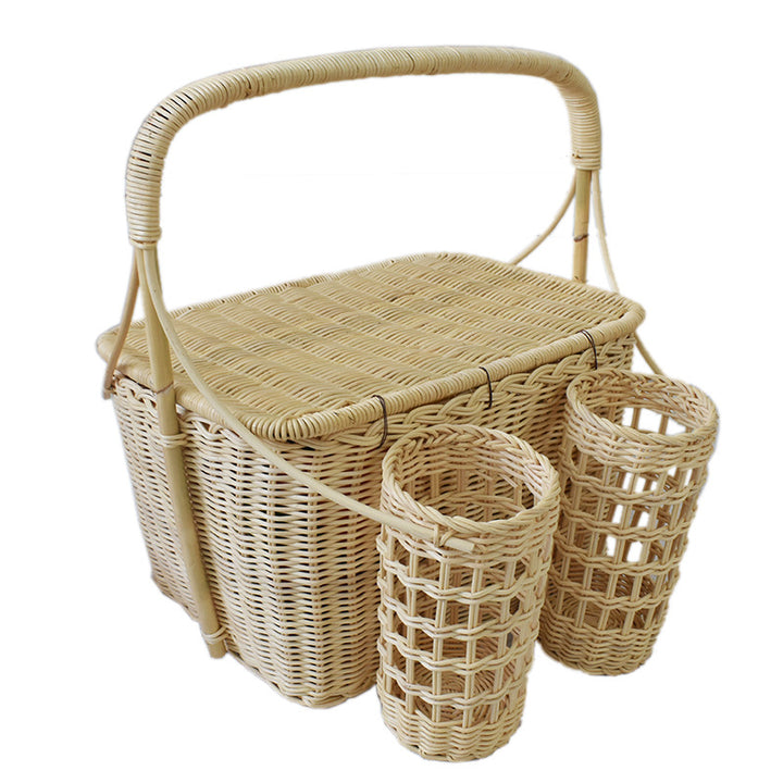 Handcrafted Woven Picnic Basket with Side Drink Holders Bowlift