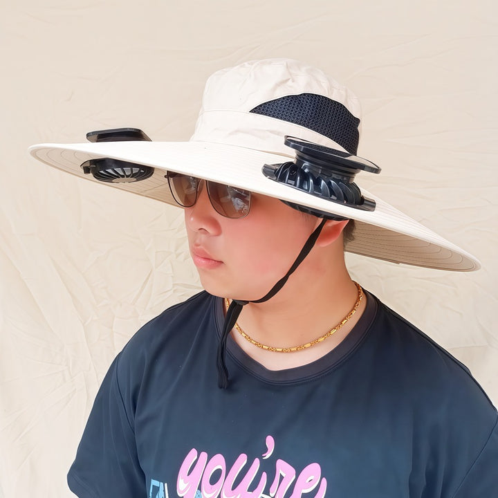 Wide-brimmed sun hat with detachable swivel solar fans and adjustable chin strap Bowlift