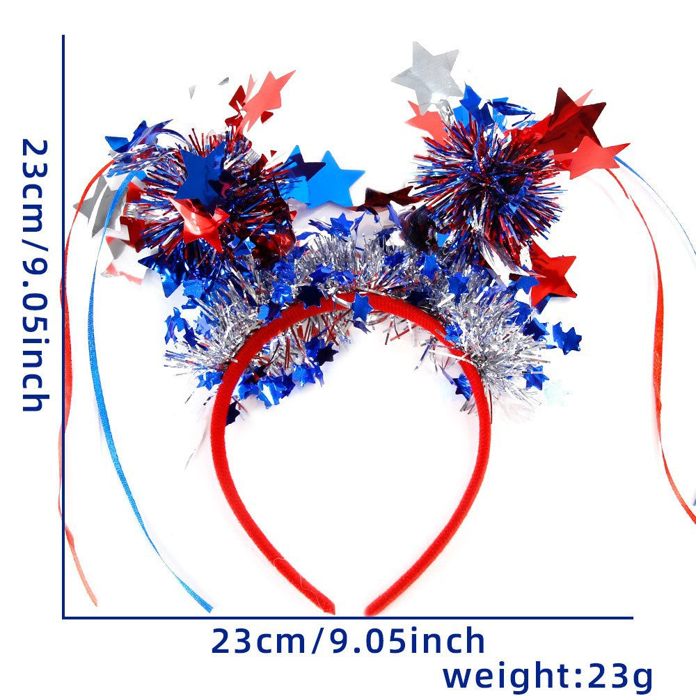 Unisex nan eye-catching party headband with attached pom poms, star tinsel, and small flag pendants Bowlift
