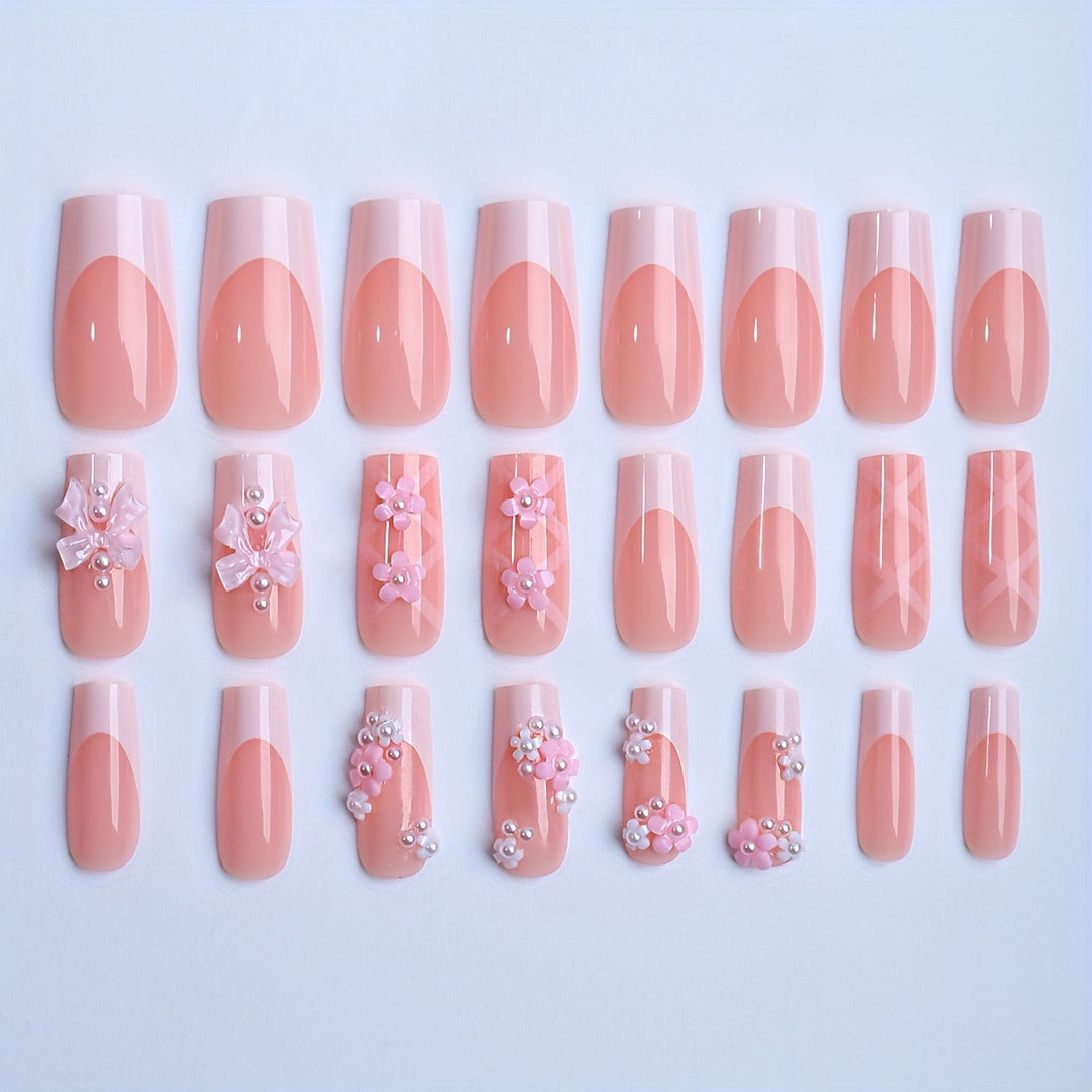 Acrylic nail set with elegant 3D flowers and ribbon decorations Bowlift