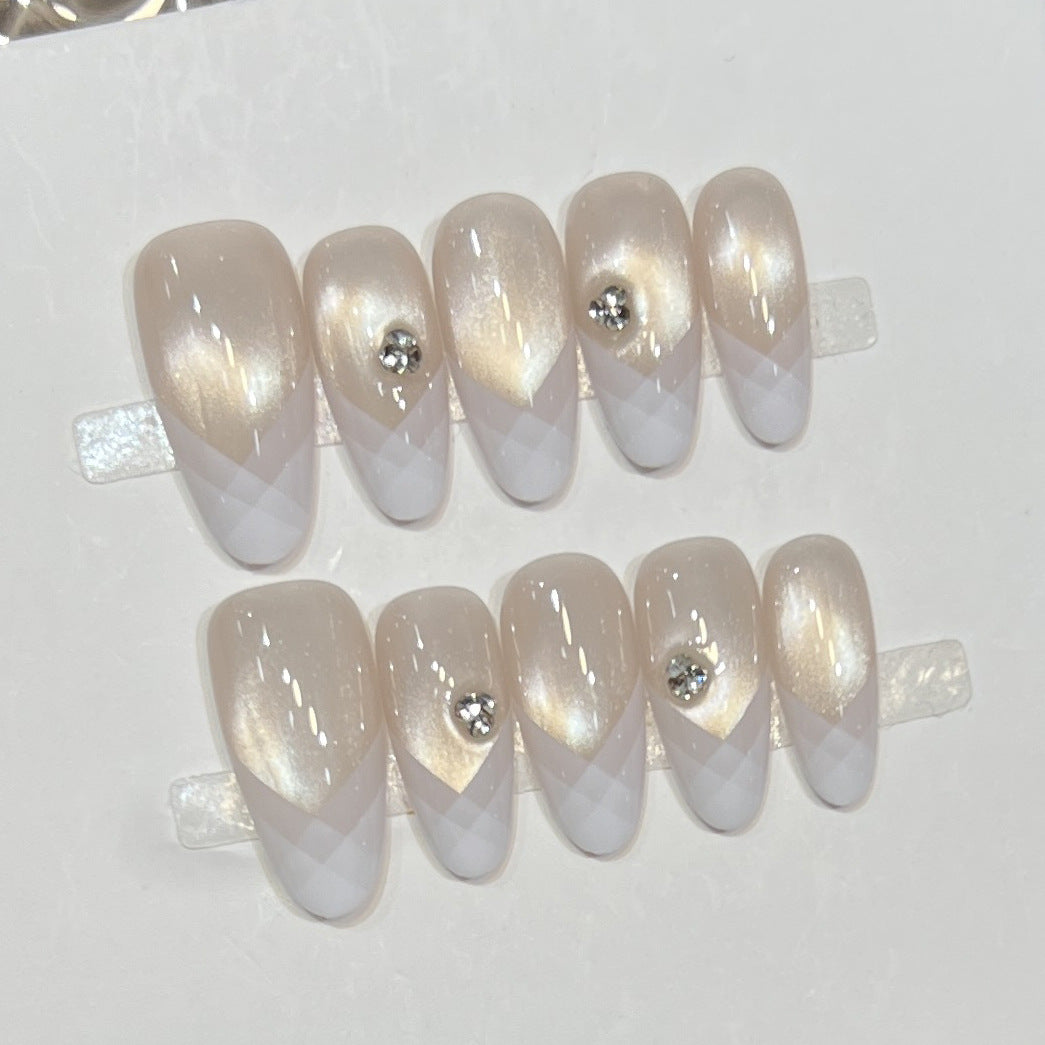 Elegant Geometric Press-On Nail Set with Rhinestone Detail Bowlift