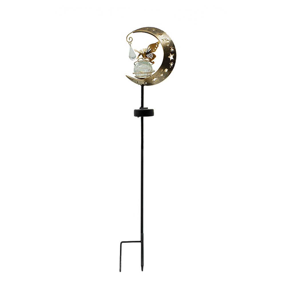 Crescent Moon Solar Garden Stake Light With Rotating Crackle Glass Orb And Butterfly Accent Bowlift