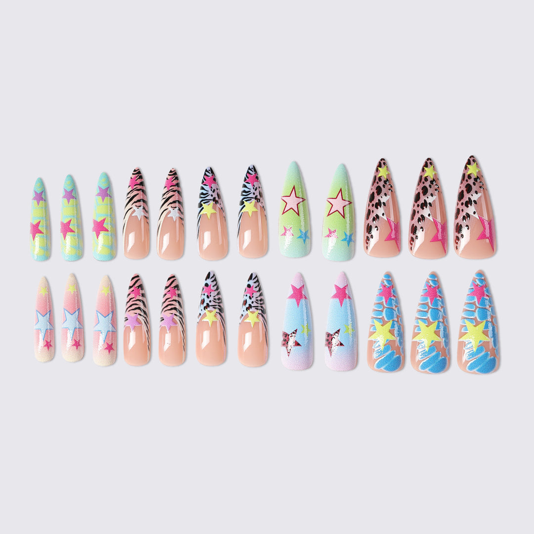 Creative nail set with colorful stars and animal patterns Bowlift