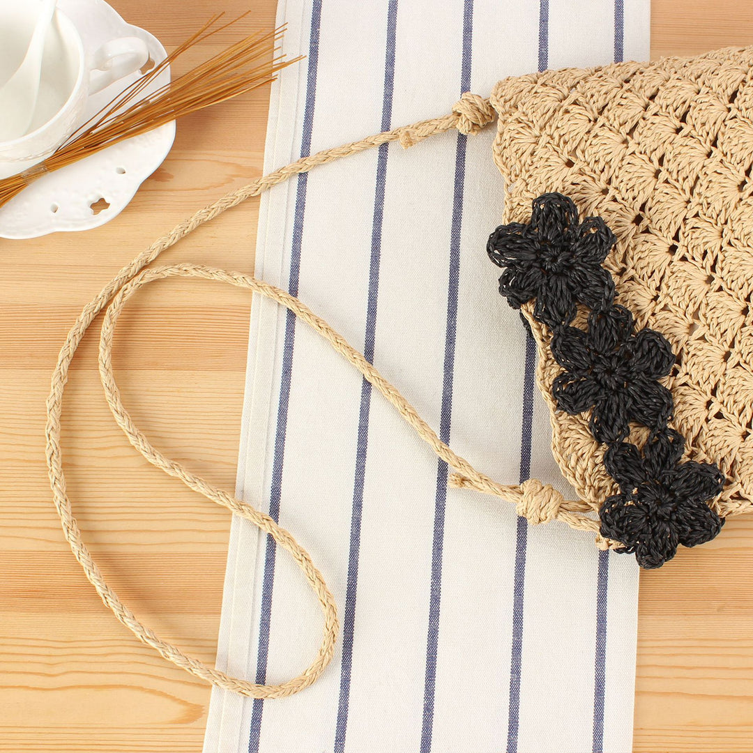 Handbag Made From Hand-Knotted Natural Material with Floral Appliqué Bowlift
