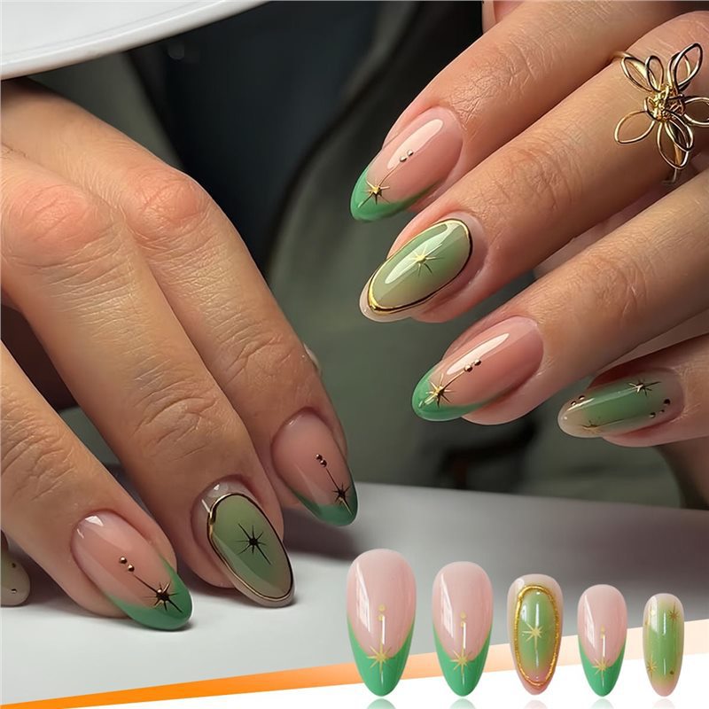Artistic Press-On Nail Set with Star Accents Bowlift