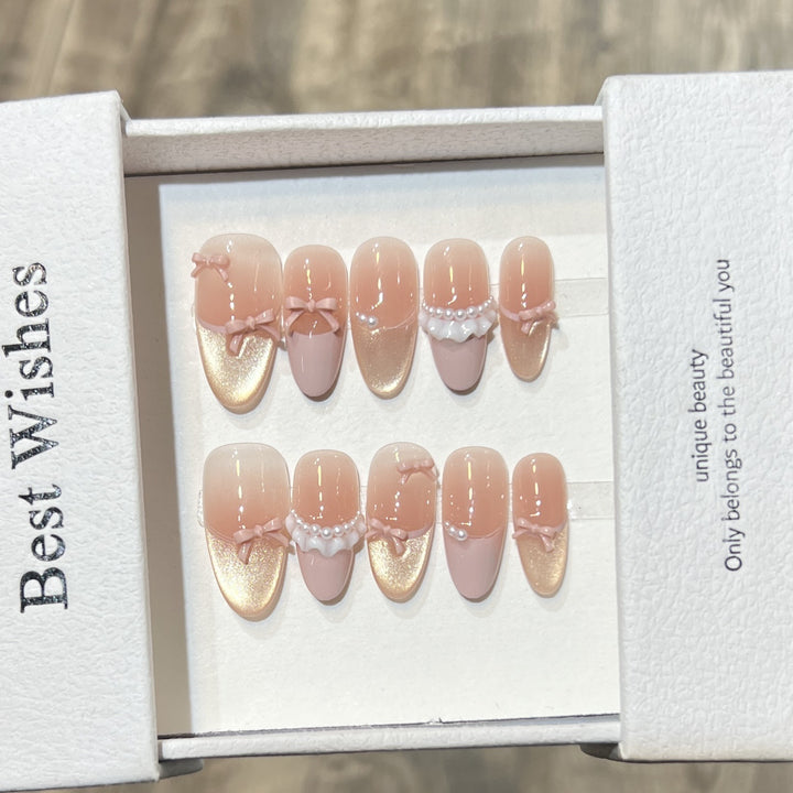 Elegant Press-On Nail Art Set with Pearl and Bow Accents Bowlift