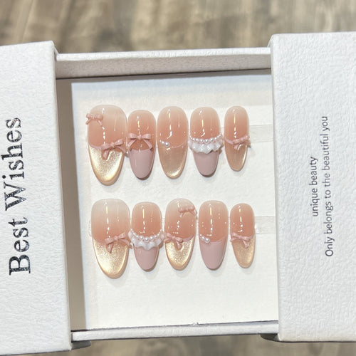 Elegant Press-On Nail Art Set with Pearl and Bow Accents Bowlift