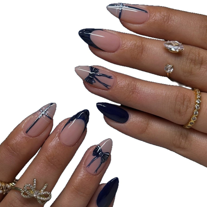 Artificial nails with elegant bow and geometric design Bowlift