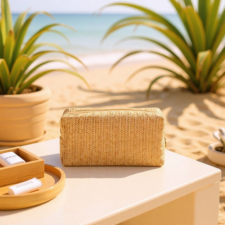 Cosmetic bag made of natural rafia material with elegant design Bowlift