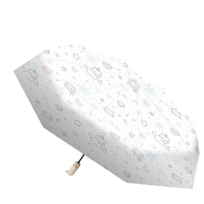 Women's folding umbrella with automatic opening mechanism and playfully themed design Bowlift