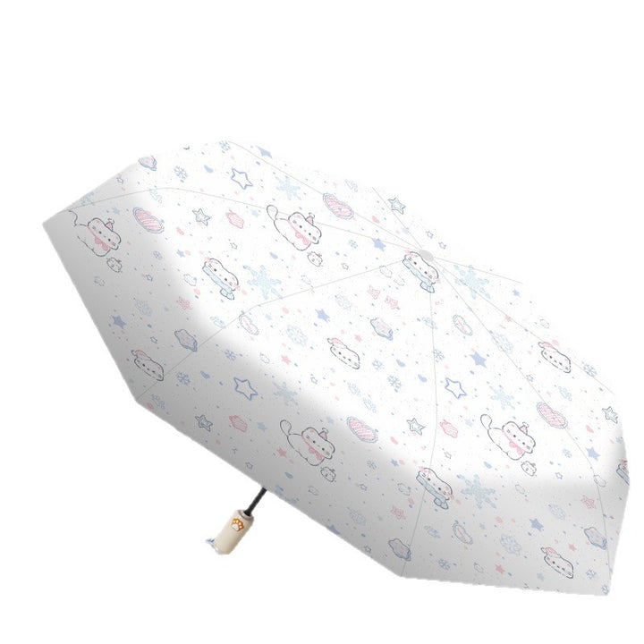 Women's folding umbrella with automatic opening mechanism and playfully themed design Bowlift