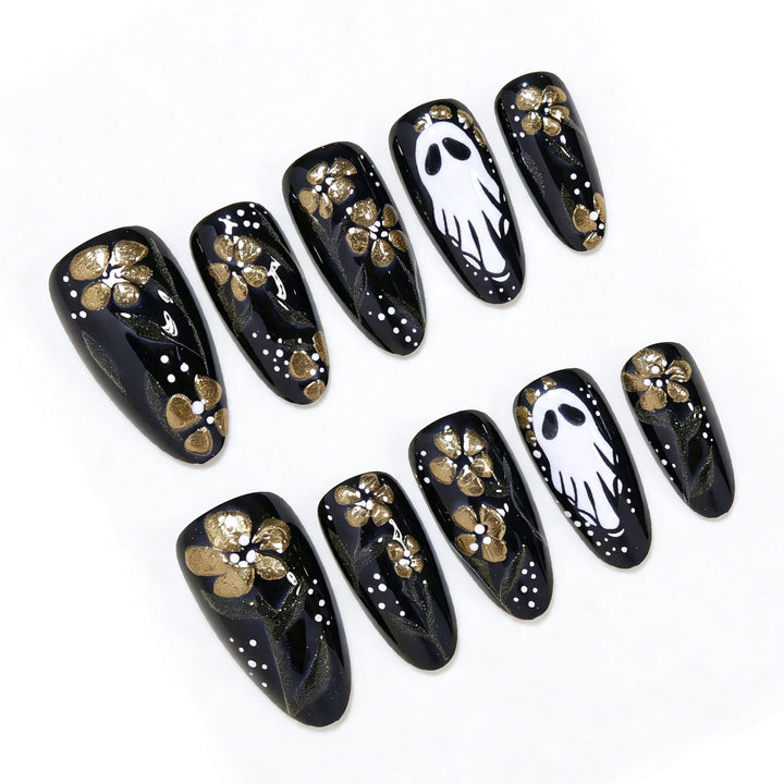 Artistic Ghost and Floral Theme Press-On Nail Art Bowlift
