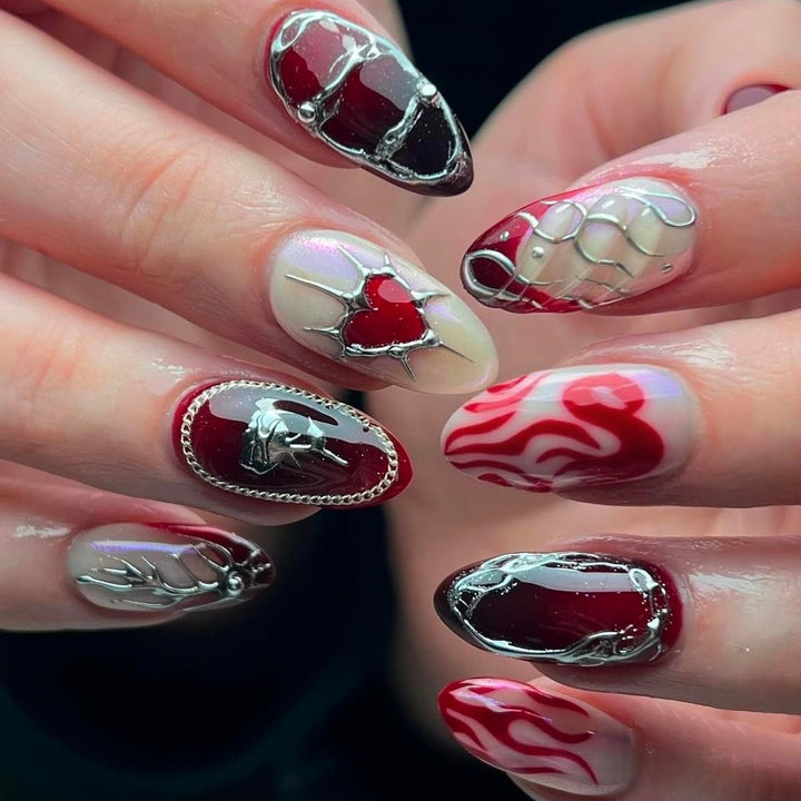 Stylish artificial nails with creative heart and flame designs Bowlift