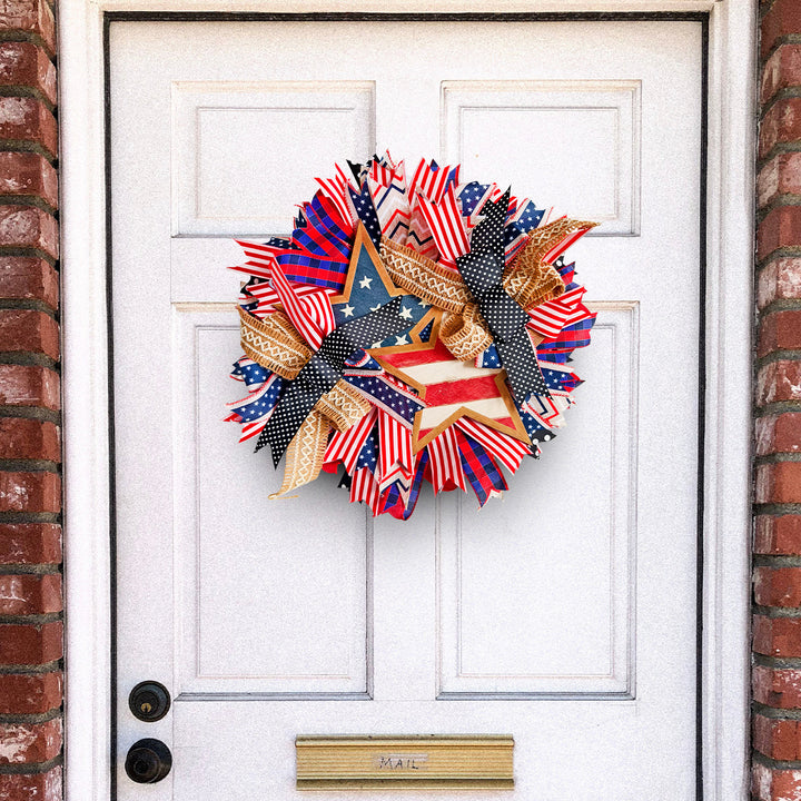 Unisex nan decorative layered Americana star burlap ribbon door wreath with mixed patterned fabric streamers and polka dot bow Bowlift