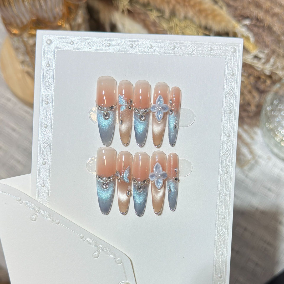 Artistic Press-On Nail Set with Floral and Gemstone Accents Bowlift