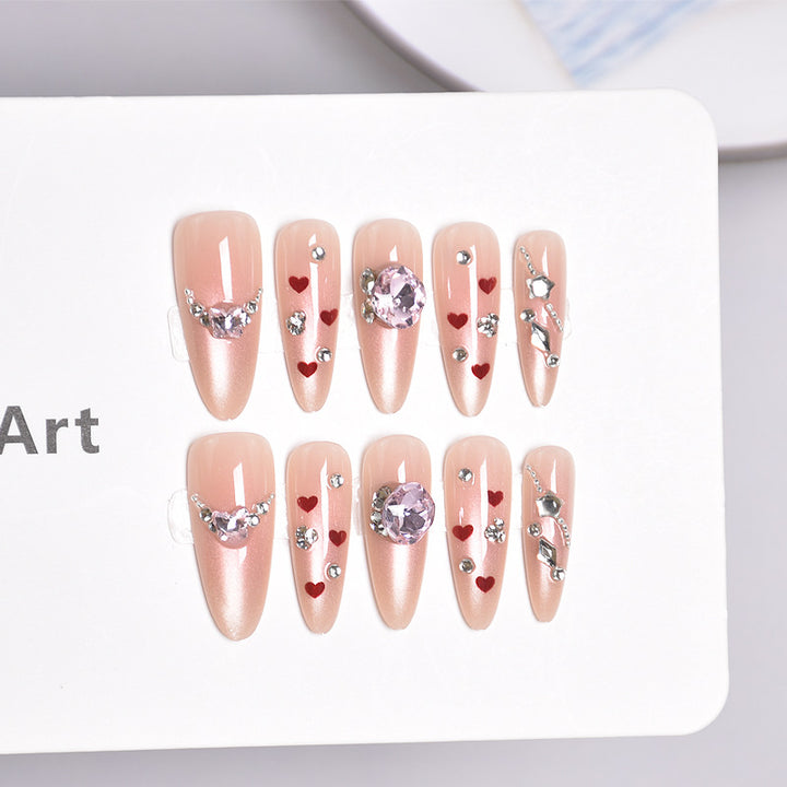 Decorative Press-On Nail Art with Heart and Gem Accents Bowlift