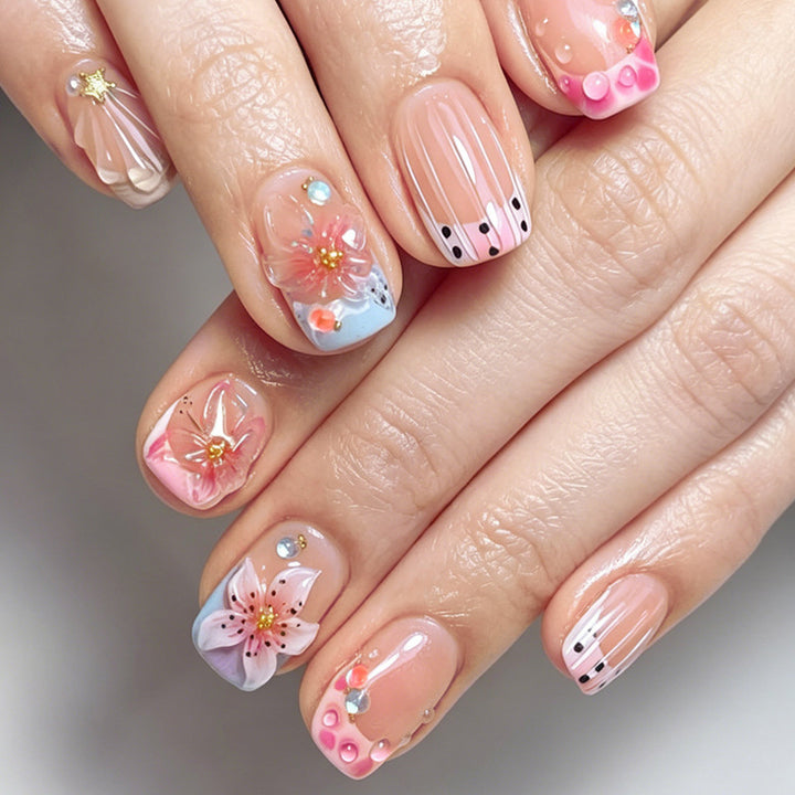Decorative Press-On Nail Art Kit with Floral and Gem Accents Bowlift