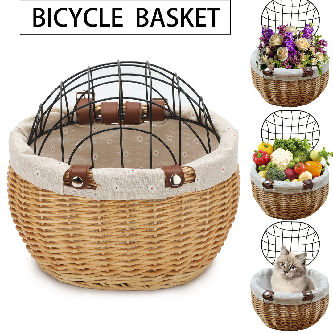 woven rattan pet carrier basket with collapsible metal dome and removable linen lining Bowlift