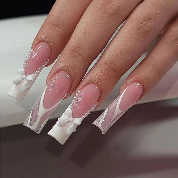Elegant Fake Nails with Pearl and Bow Decorations Bowlift