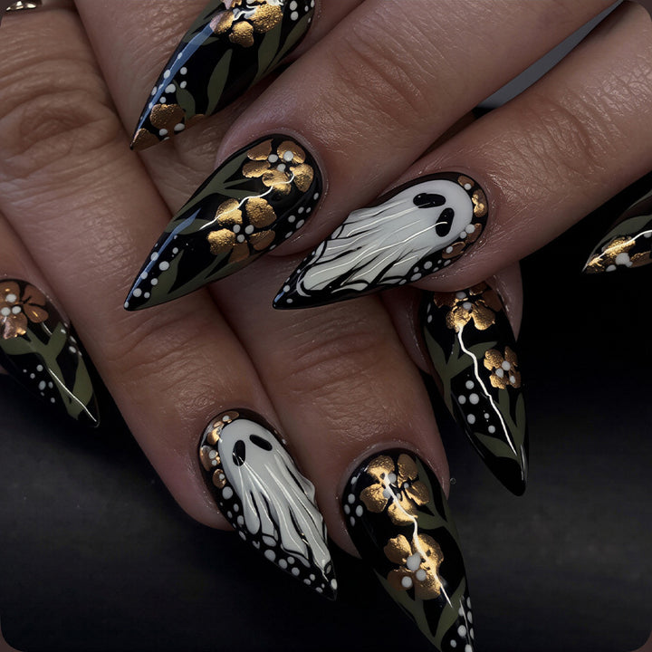 Artistic Ghost and Floral Theme Press-On Nail Art Bowlift