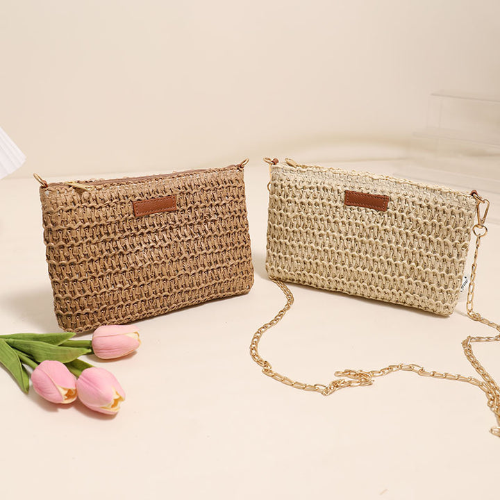 Handcrafted Shoulder Bag Made of Durable Straw Material with Gold Chain Bowlift