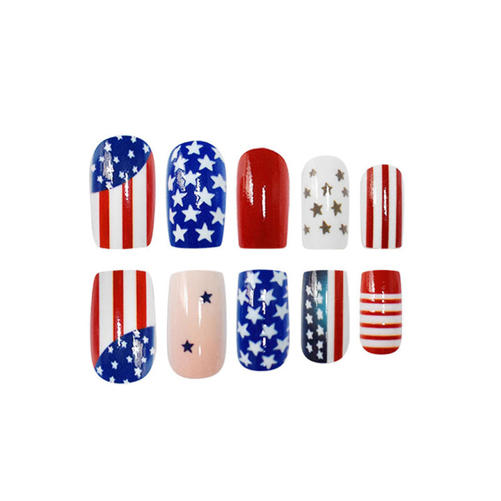 Women's nan patriotic press-on manicure set with mixed star and stripe coffin and square artificial nails Bowlift