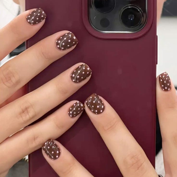 Acrylic nail set with stylish chocolate spots and elegant dots Bowlift