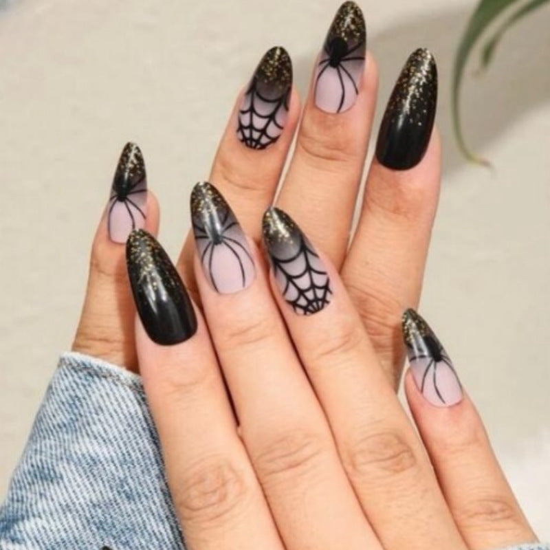 Artistic Press-On Nail Set with Glitter and Spider Web Design Bowlift