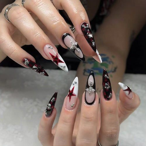 Artistic Stiletto Nail Extensions with Gem Accents Bowlift