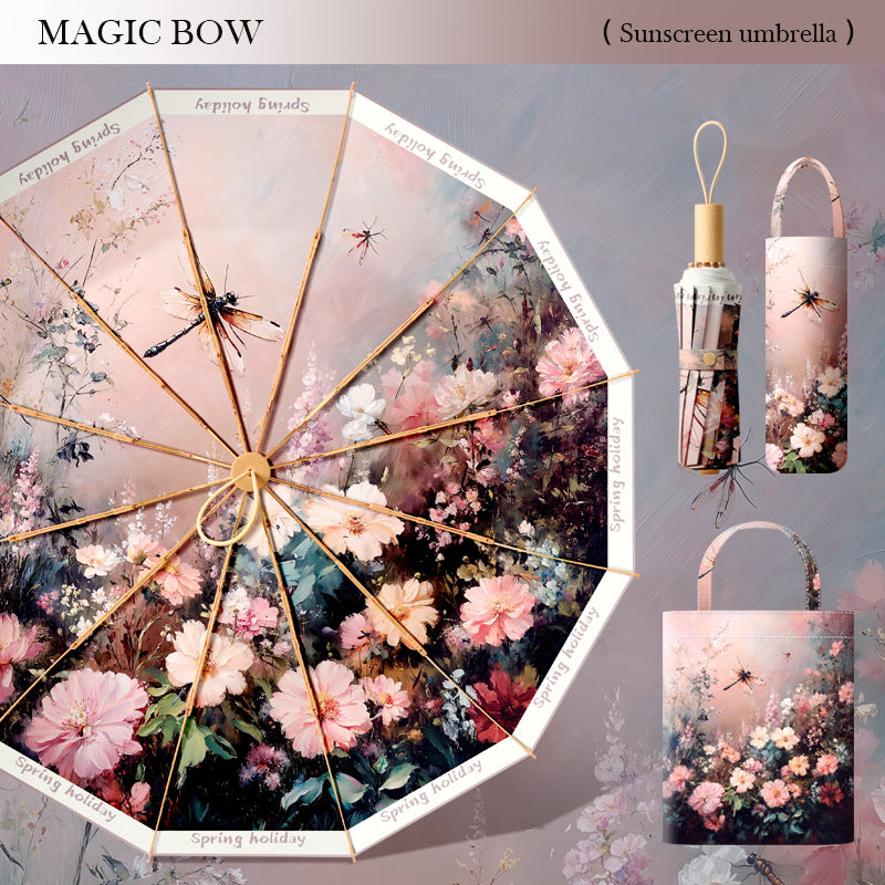 Women's elegant folding parasol with floral accents and practical carrying bag Bowlift