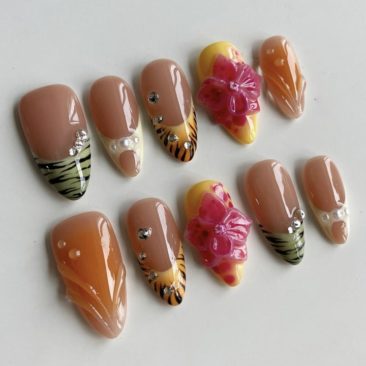 Artistic stiletto nails with colorful flower design and glitter Bowlift