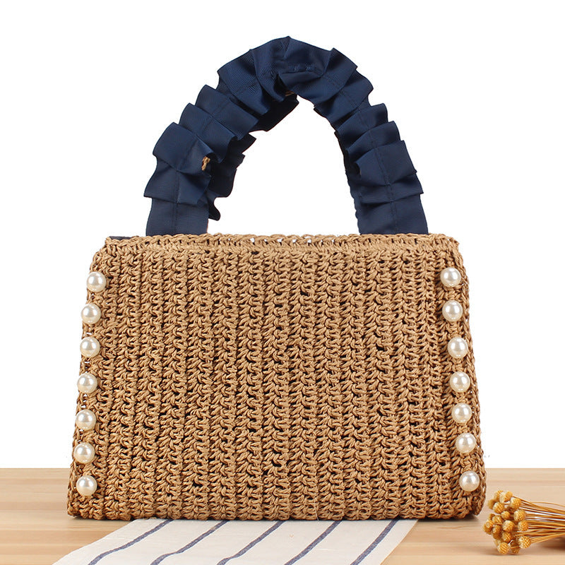 Handbag with High-Quality Pearl Embellishment and Fashionable Ruffled Handle Bowlift