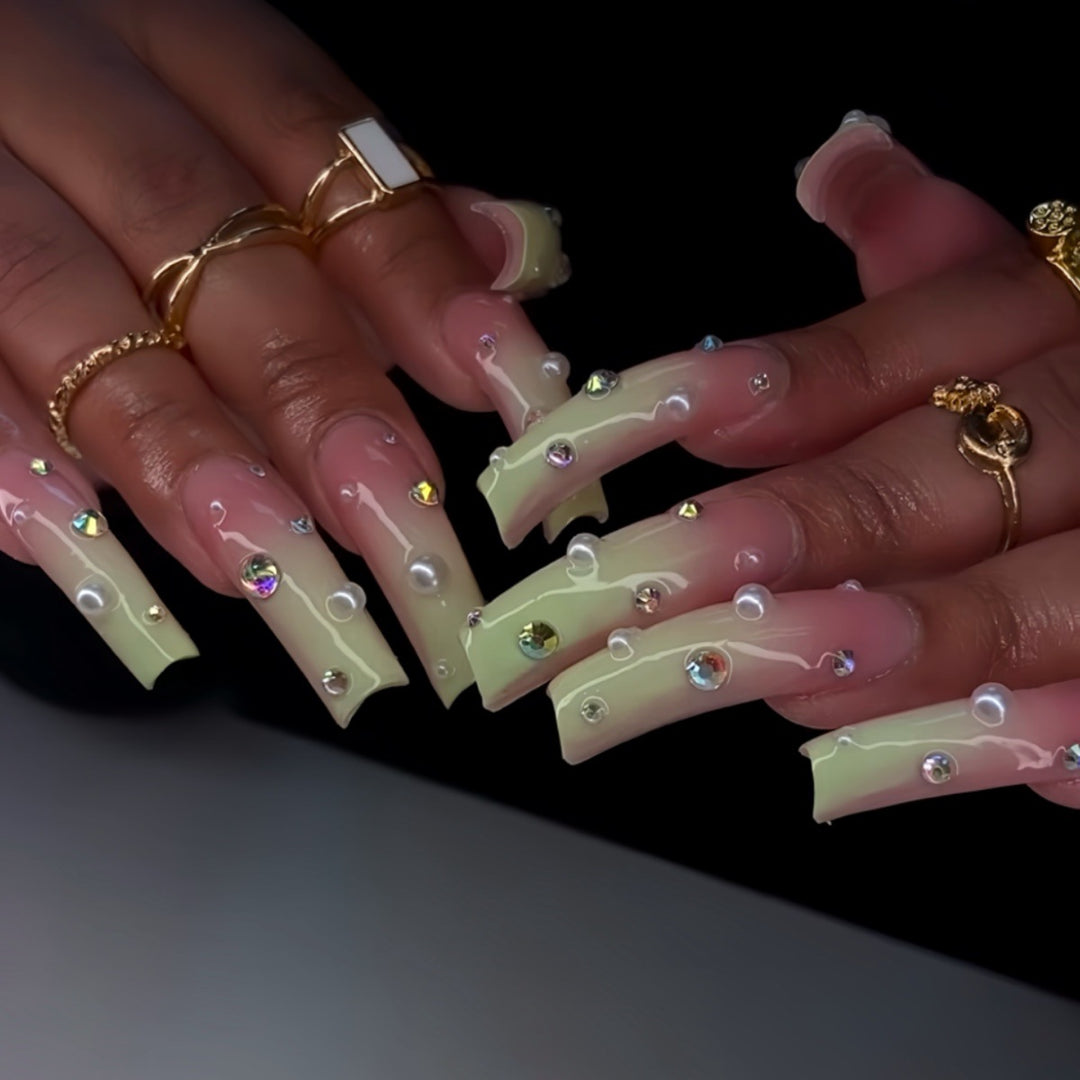 Decorative Long Press-On Nails with Gem Accents Bowlift