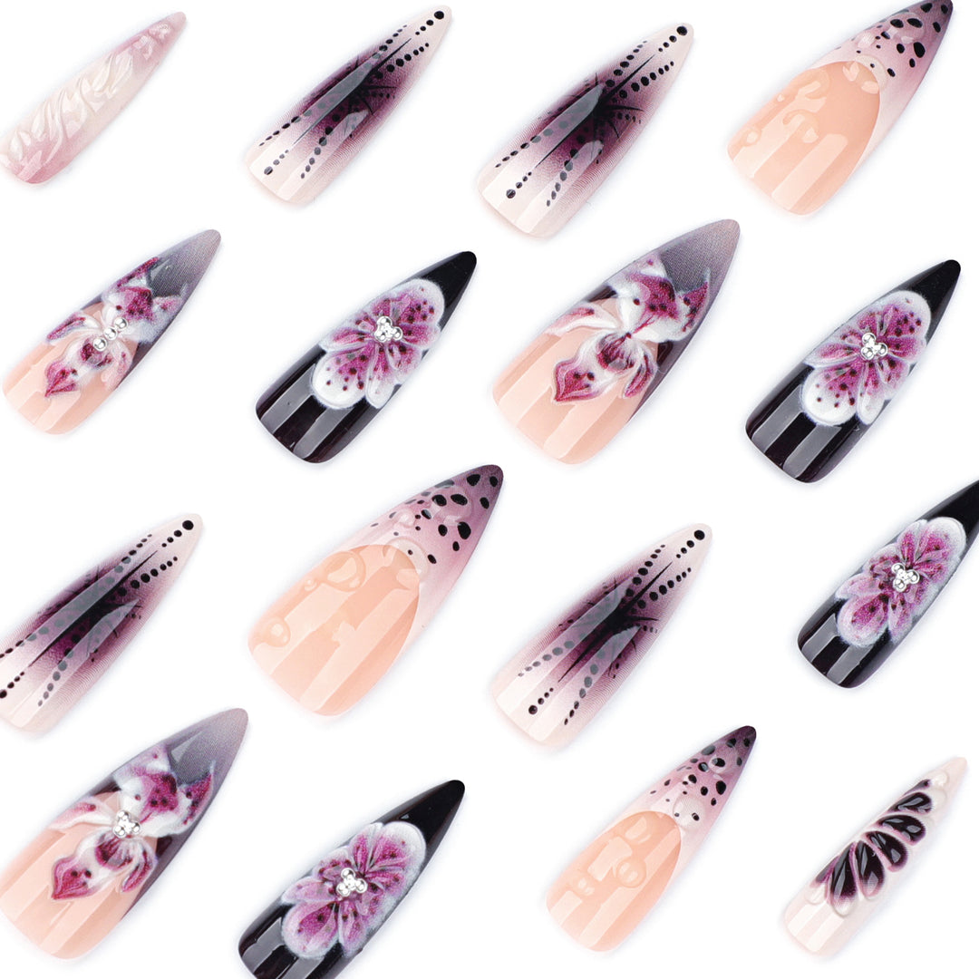 Artistic stiletto nails with floral 3D embellishments Bowlift