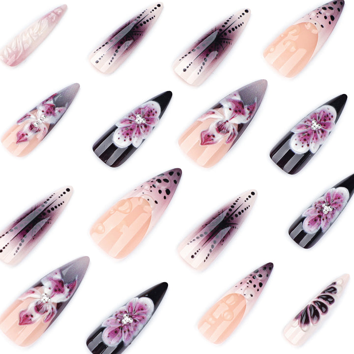 Artistic stiletto nails with floral 3D embellishments Bowlift
