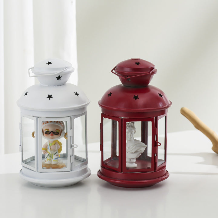 Vintage-Inspired Cylindrical Metal Tea Light Lantern with Star Vent Cutouts and Hinged Glass Door Bowlift