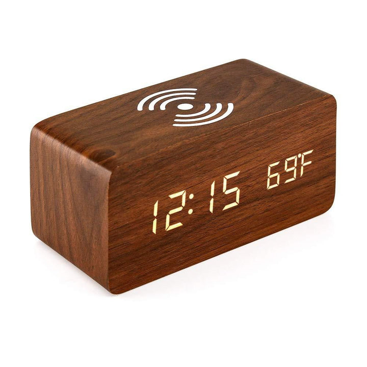 Wooden LED Alarm Clock with Wireless Qi Charging and Indoor Temperature Display Bowlift