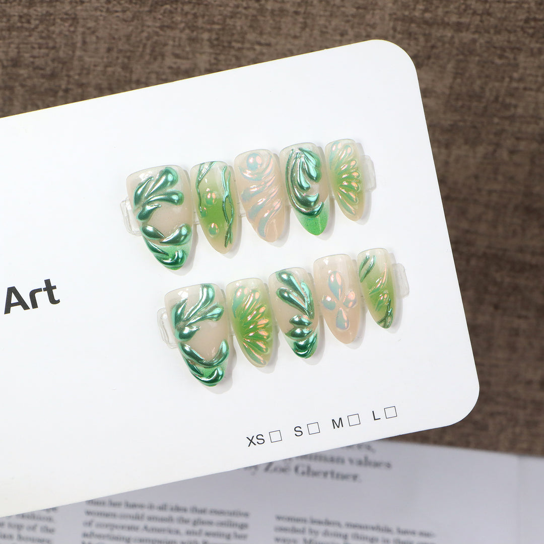 Artistic Press-On Nail Set with Leaf Design Bowlift