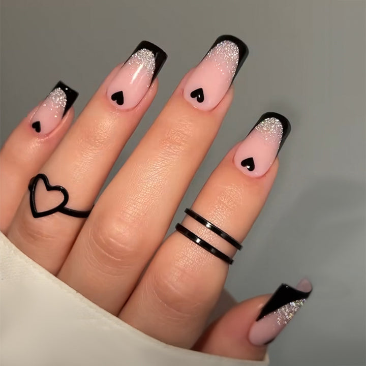 Decorative Press-On Nail Art Set with Glitter and Heart Accents Bowlift