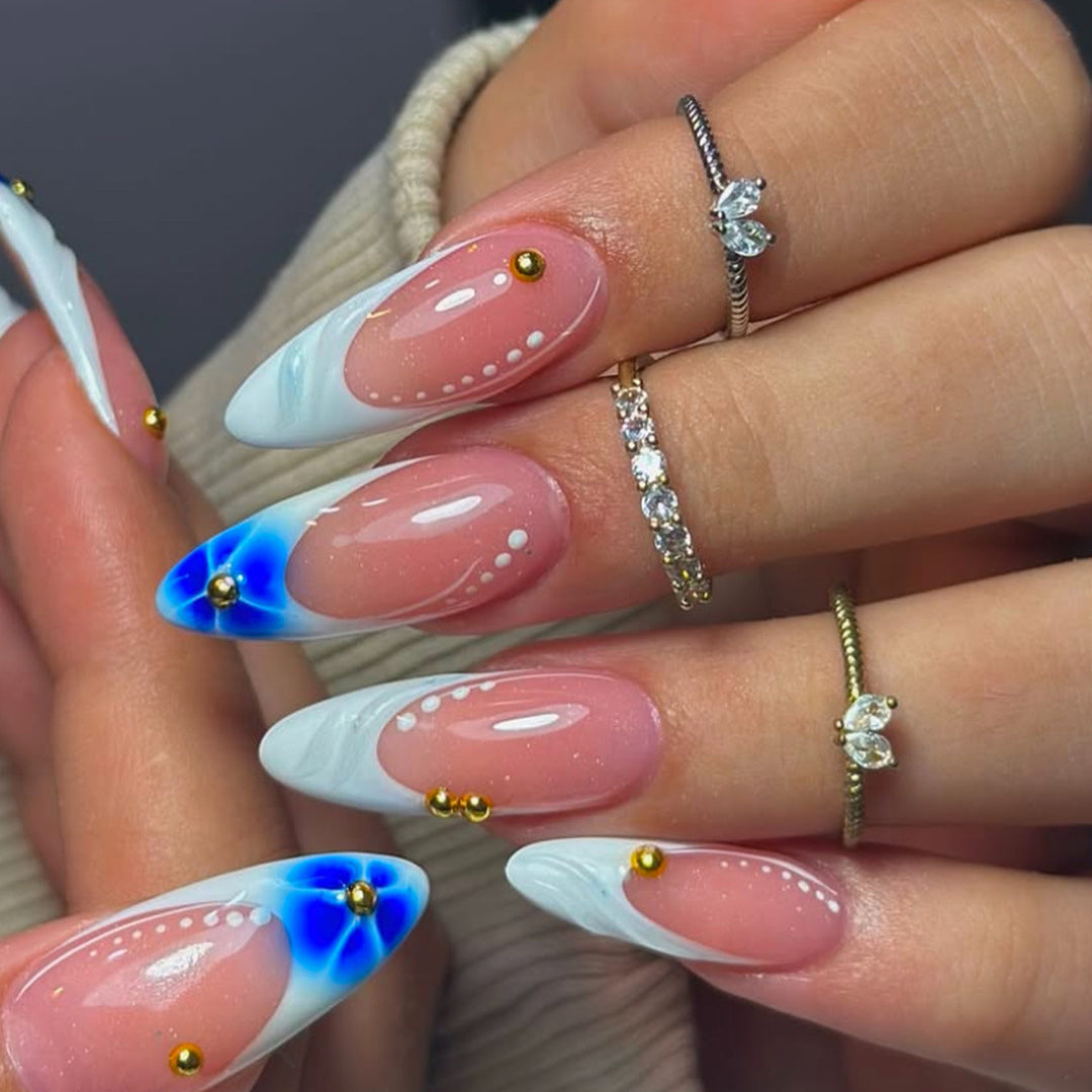Sculpted French Tip Press-On Nail Extensions with Gem Accents Bowlift