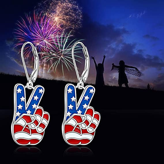 Women's patriotic earrings Peace-Hand with enamel and folding hook clasp Bowlift