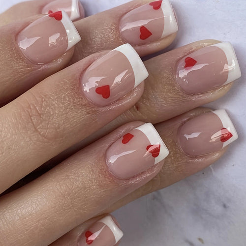 Heart-Embellished French Tip Press-On Nails Bowlift